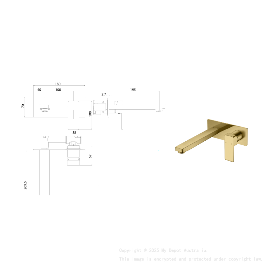 Ceram Wall Basin Mixer Brushed Gold