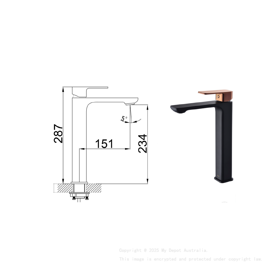 Seto High Rise Basin Mixer Black & Rose Gold Handle
