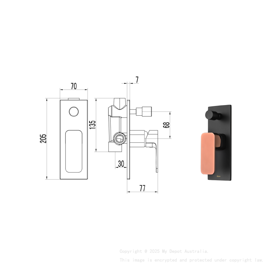 Seto Wall Mixer with Diverter Black & Rose Gold Handle