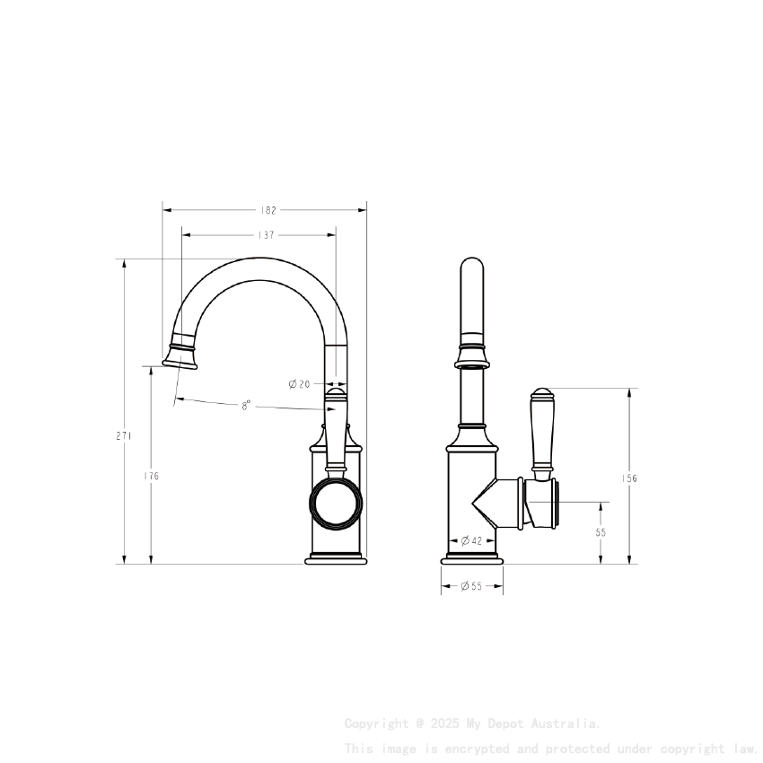 Clasico Gooseneck Basin Mixer Ceramic handle in Brushed Nickel