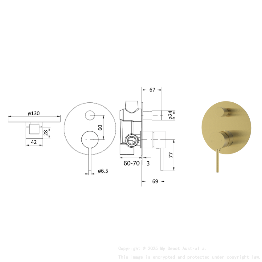 Hali Wall Mixer with Diverter Brushed Gold