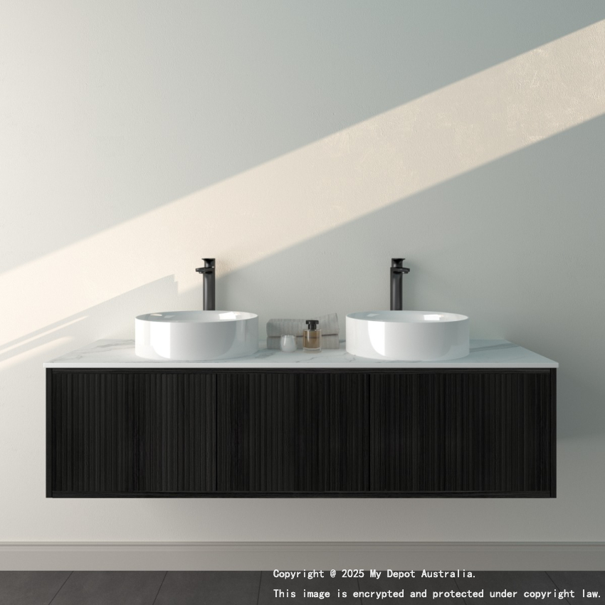 1490mm Kiama Bottega Oak 2S/DW 1M/DR Fluted Wall Hung Vanity Cabinet Only