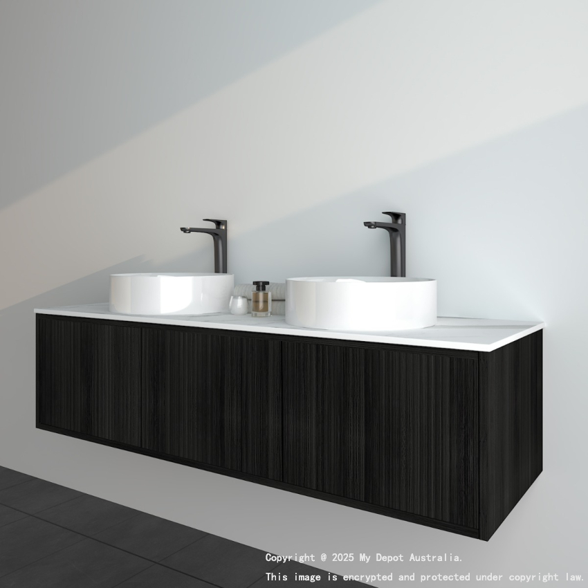 1490mm Kiama Bottega Oak 2S/DW 1M/DR Fluted Wall Hung Vanity Cabinet Only