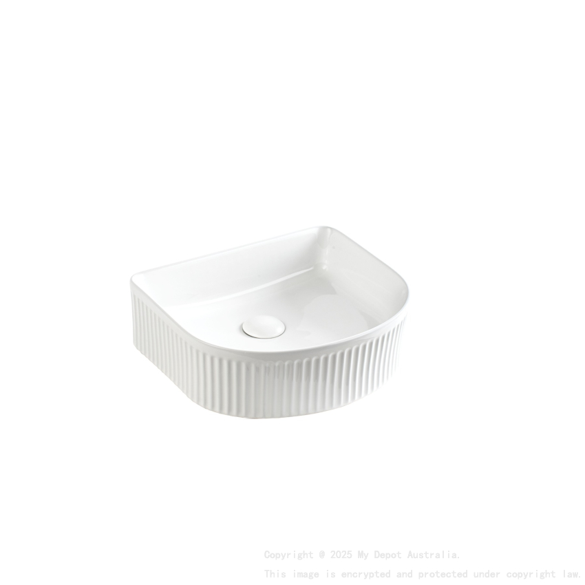 400*350*130mm Gloss White Arco Flueted Fine Ceramic Above Counter Basin No Overflow 32mm Waste