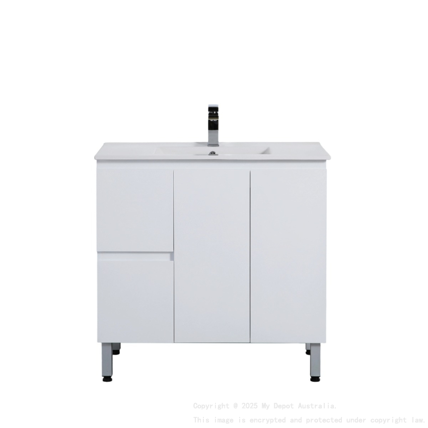 890*455*860mm Gloss White Alpha Free Standing PVC Vanity,Left Hand Drawers