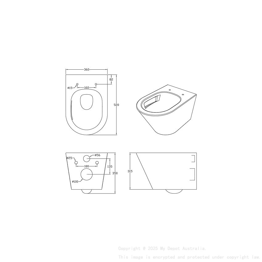 520*360*350mm Gloss White Agena Tonardo Rimless Flush Wall Hung Pan