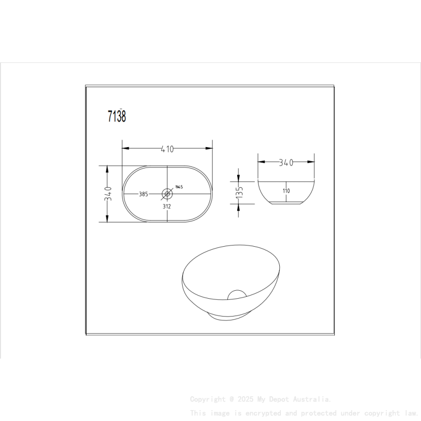 410*340*135mm Gloss White Birch Fine Ceramic Above Counter Basin No Overflow 32mm Waste