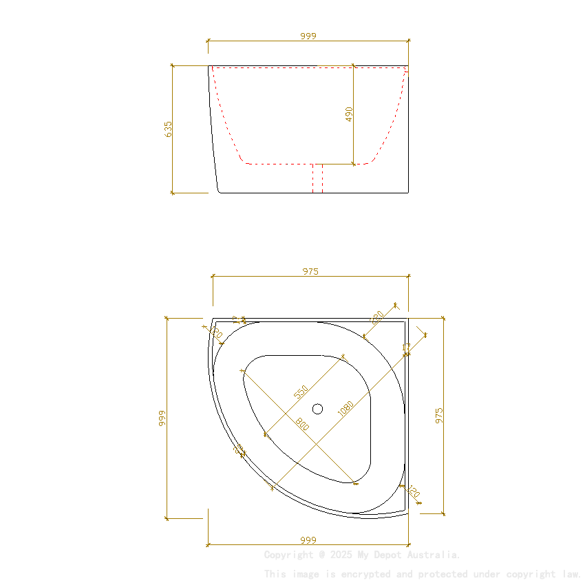 1000X1000X635mm Gloss White Bingie Corner Mini Acrylic Skirt Bath None Overflow 40mm Waste And Pipe Supplied