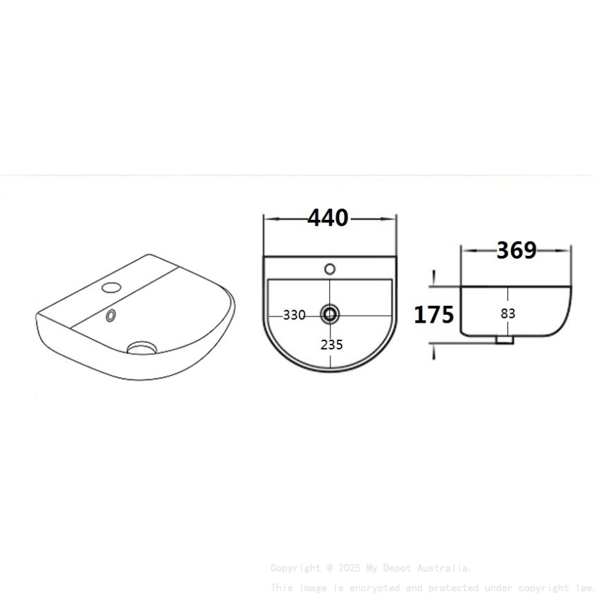 440*369*175mm Gloss White Carrida Fine Ceramic Wall Hung Basin Overflow 32mm Waste