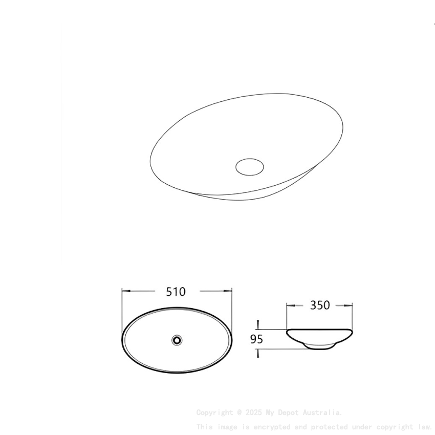 510*350*95mm Gloss WhiteCabrita Fine Ceramic Above Counter Basin No Overflow 32mm Waste