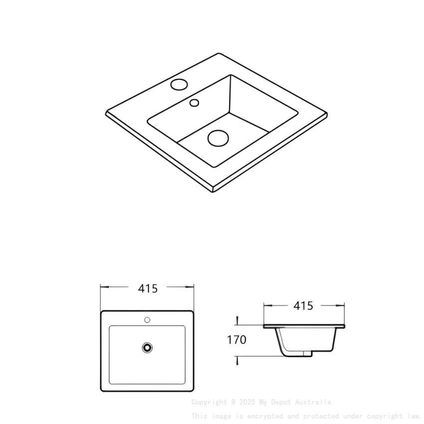 415*415*170mm Gloss White Crete Fine Ceramic Insert Basin Tap Hole Overflow 32mm Waste