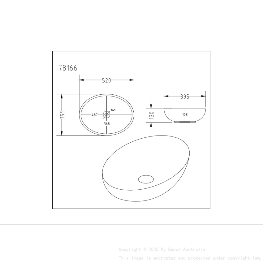 520*395*130mm Matt Carrara White Carey Fine Ceramic Above Counter Basin No Overflow 32mm Waste