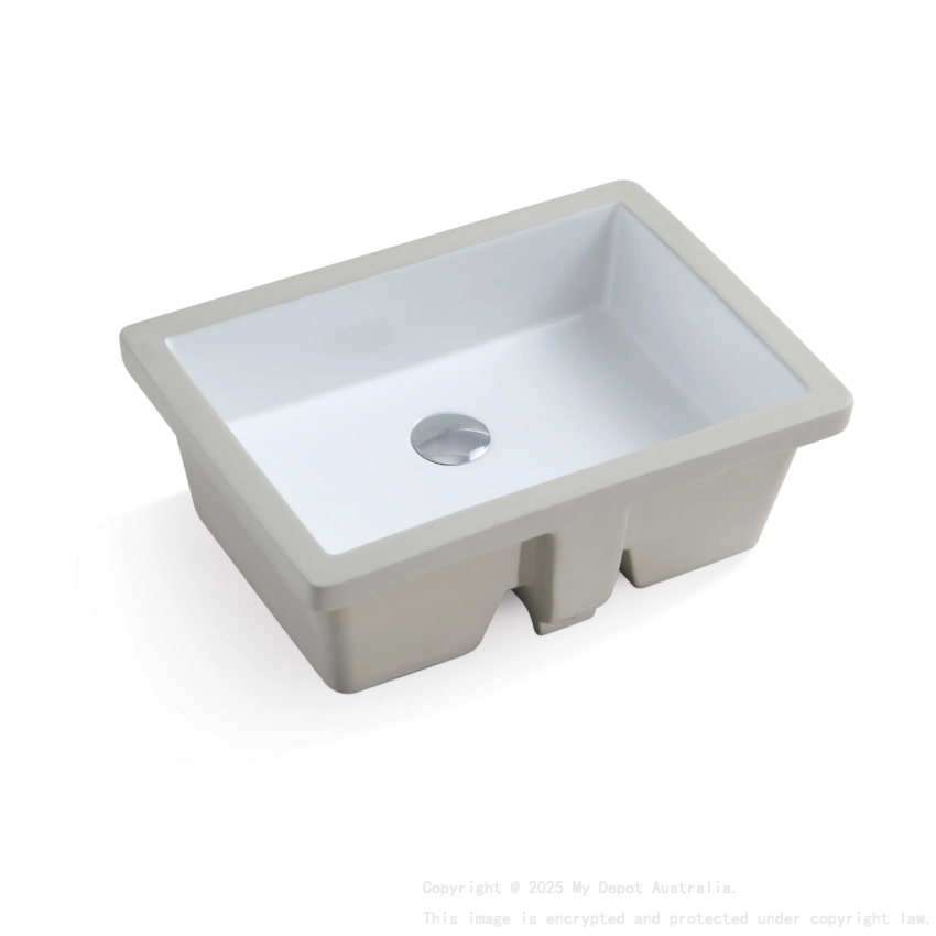 437*310*170mm Gloss White Crete Fine Ceramic Under Counter Basin With Overflow 32mm Waste