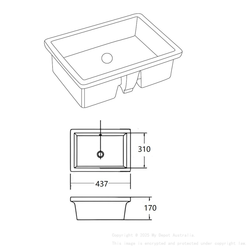 437*310*170mm Gloss White Crete Fine Ceramic Under Counter Basin With Overflow 32mm Waste