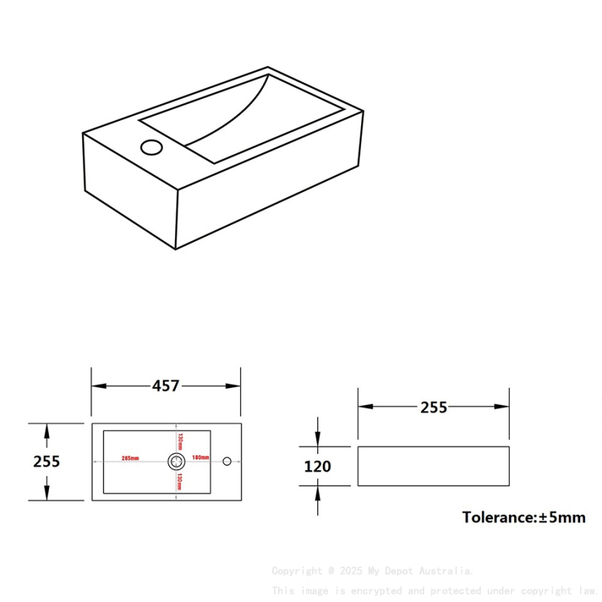 457*255*120mm Gloss White Crete Fine Ceramic Wall Hung Mini Basin Left Tap Hole No Overflow 32mm Waste