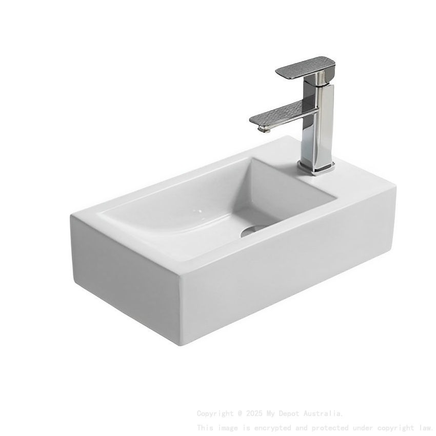 457*255*120mm Gloss White Crete Fine Ceramic Wall Hung Mini Basin Left Tap Hole No Overflow 32mm Waste