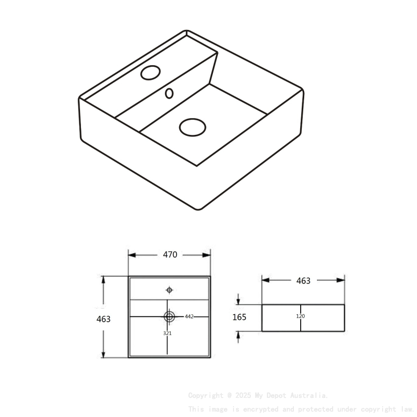470*463*165mm Gloss White Crete Fine Ceramic Wall Hung/Above Basin Tap Hole With Overflow 32mm Waste