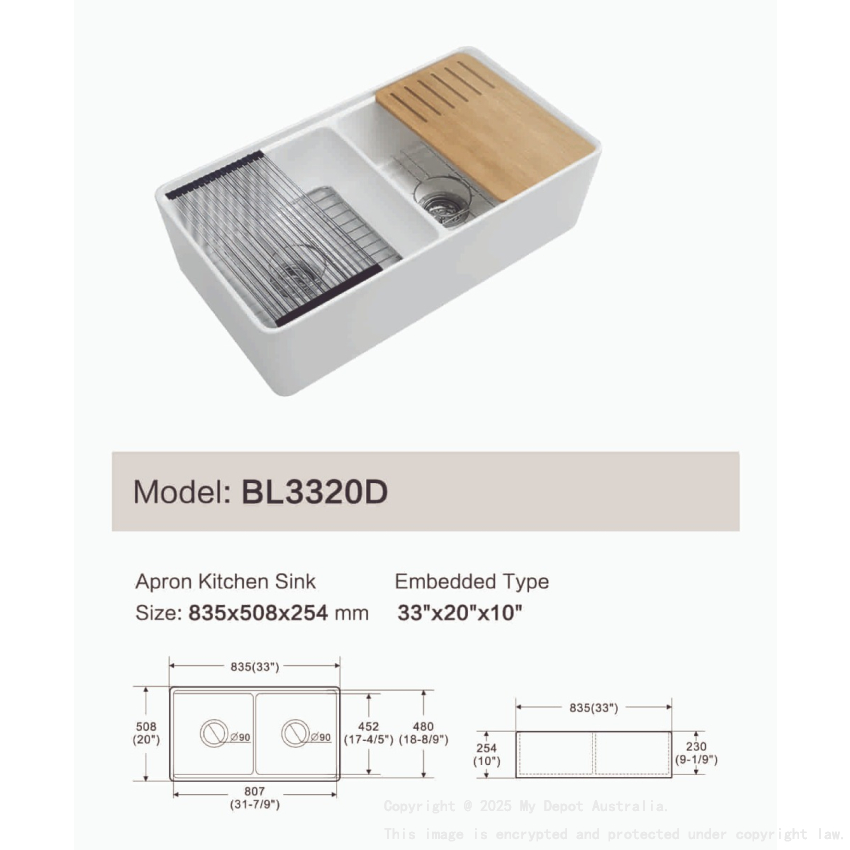 Size:835*508*255mm Gloss White Orta Fine Fireclay Farmhouse Sink With Work Station Doulle Bowl Grid Waste Rolling Mat And Bamboo Cutting Board Included