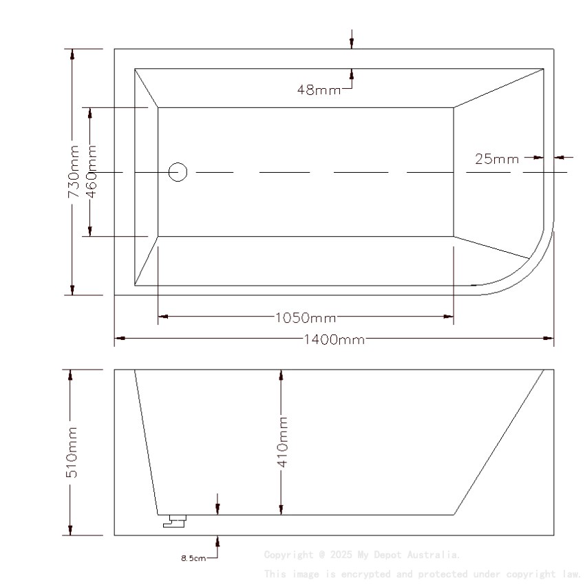 1400X730X510mm Gloss White Clayton Free Standing Bath Left Corner None Overflow 40mm Waste And Pipe Supplied