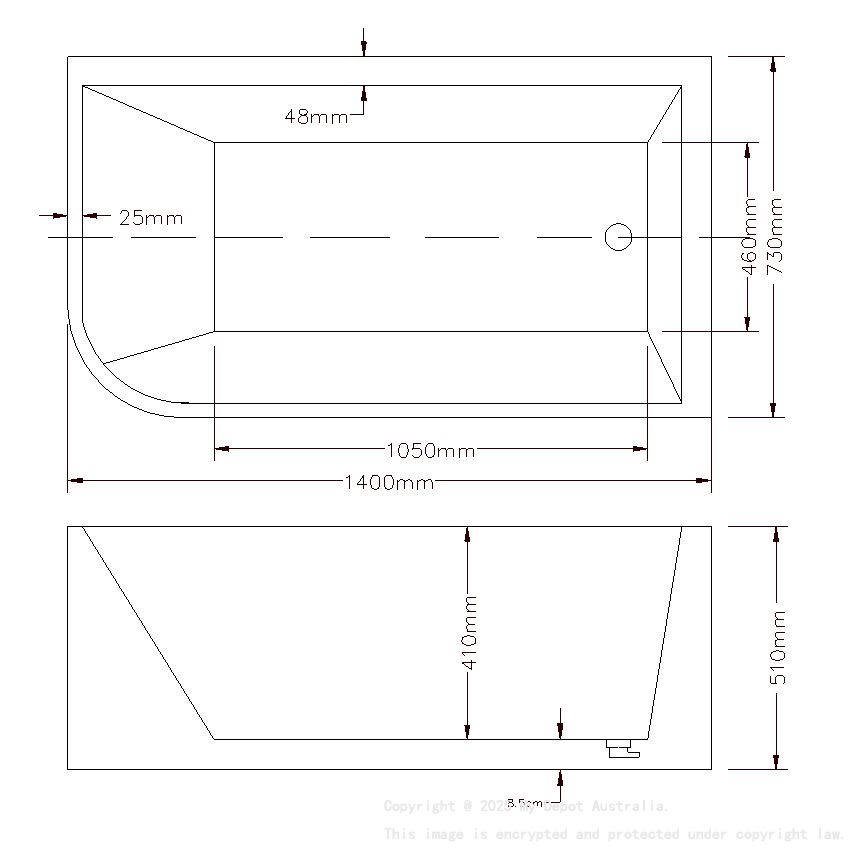 1400X730X510mm Gloss White Clayton Free Standing Bath Right Corner None Overflow 40mm Waste And Pipe Supplied