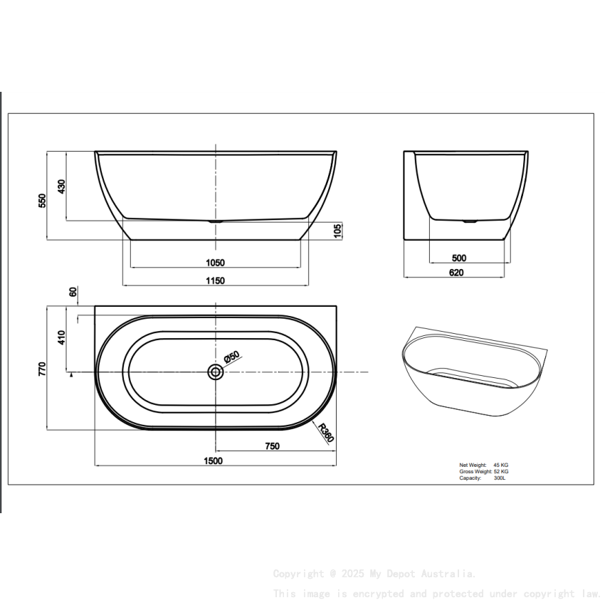1500*770*550mm Gloss White Ellips Back To Wall Free Standing Acrylic Bathtub No Overflow Chrome Waste And Pipe Included