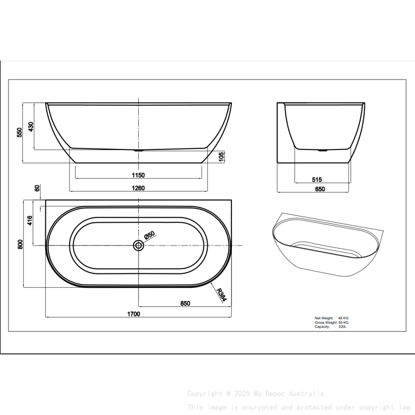 1700*800*550mm Gloss White Ellips Back To Wall Free Standing Acrylic Bathtub No Overflow Chrome Waste And Pipe Included