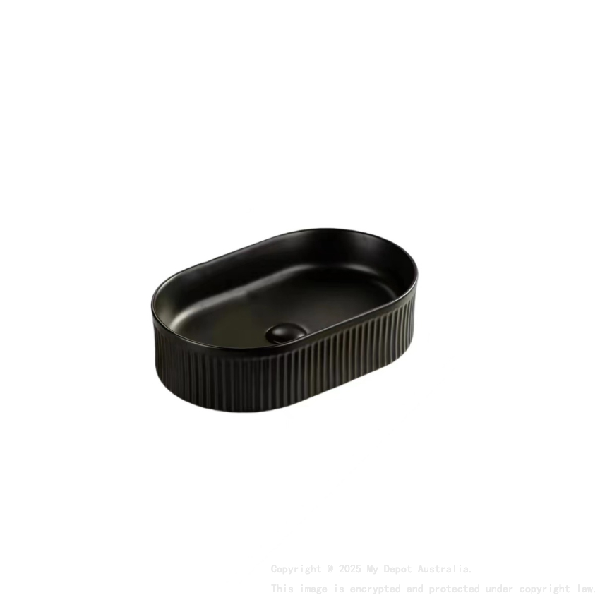 490*310*130mm Matte Balck Ellips Fluted Fine Ceramic Above Counter Basin No Overflow 32mm Waste