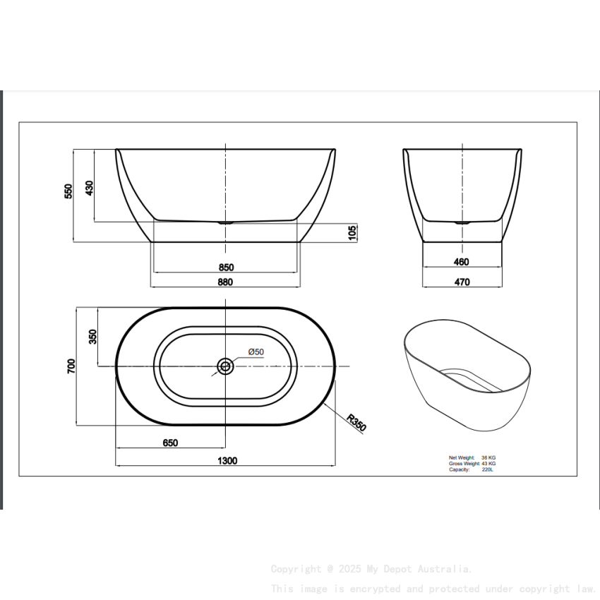 1300*700*550mm Gloss White Ellips Slim Acrylic Free Standing Bathtub No Overflow Chrome Waste And Pipe Inlcuded