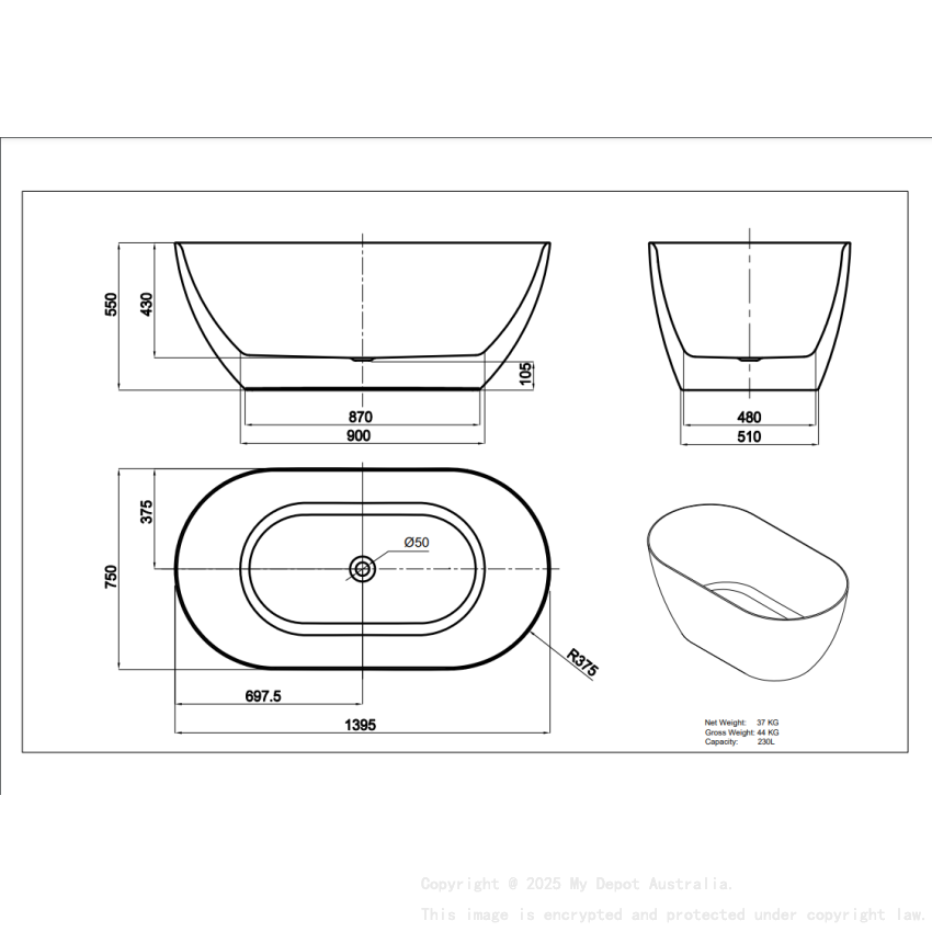 1395*750*550mm Gloss White Ellips Slim Acrylic Freestanding Bathtub No Overflow Chrome Waste And Pipe Inlcuded