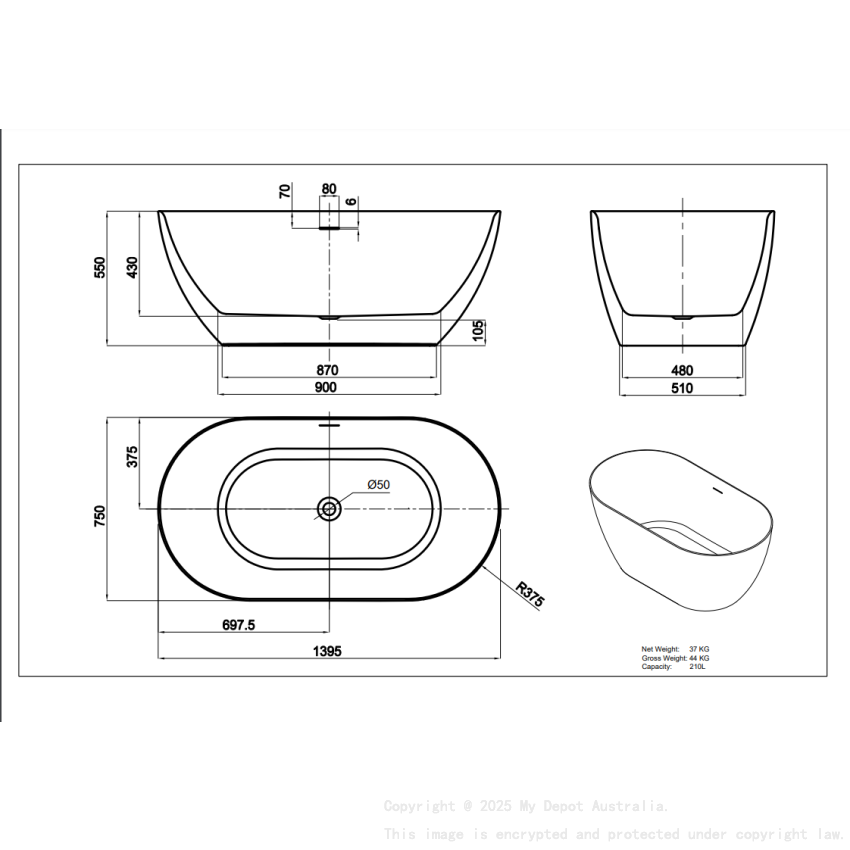1395*750*550mm Gloss White Ellips Slim Freestanding Acrylic Bathtub Overflow Chrome Waste And Pipe Inlcuded
