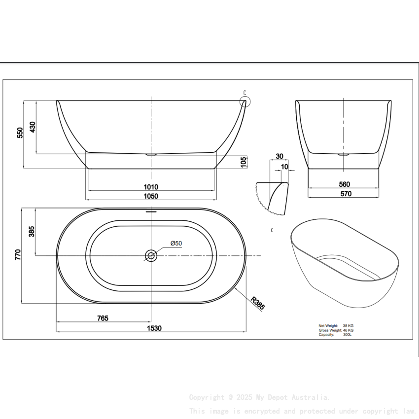 1530*770*550mm Gloss White Ellips Slim Acrylic Freestanding Bathtub No Overflow Chrome Waste And Pipe Inlcuded