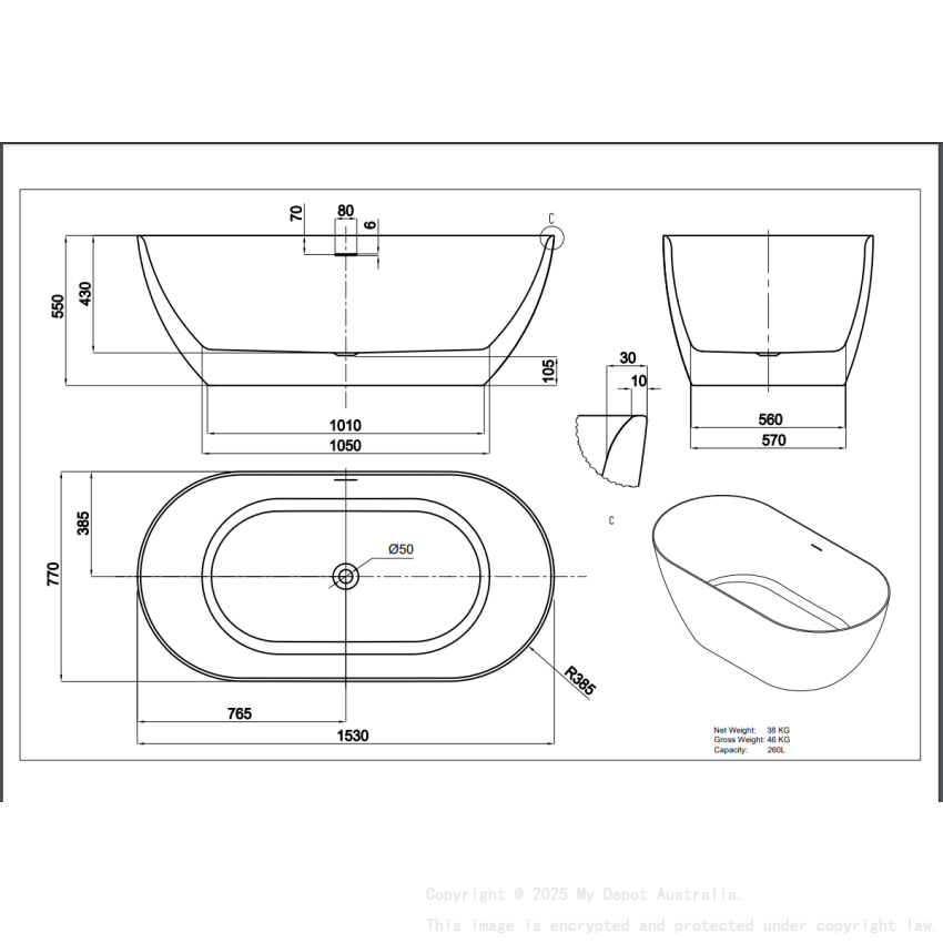 1530*770*550mm Gloss White Ellips Slim Freestanding Acrylic Bathtub Overflow Chrome Waste And Pipe Inlcuded
