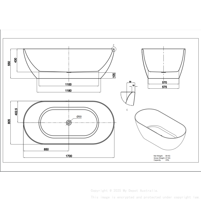 1700*805*550mm Matte Black Ellips Slim Acrylic Freestanding Bathtub No Overflow Matte Black Waste And Pipe Inlcuded