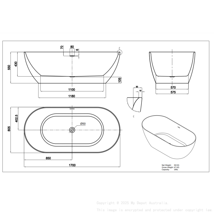 1700*805*550mm Gloss White Ellips Slim Acrylic Freestanding Bathtub Overflow Chrome Waste And Pipe Inlcuded