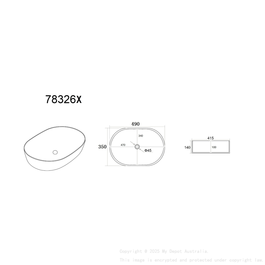 490*350*140mm Matte White Ellips Fine Ceramic Above Counter Basins Non Overflow 32mm Waste