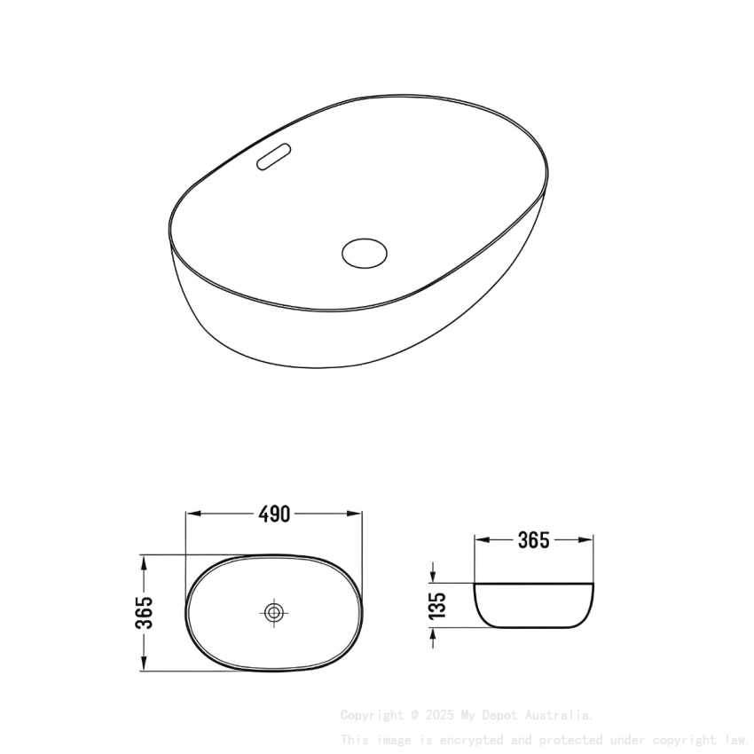 490*350*140mm Matte White Ellips Fine Ceramic Above Counter Basins Overflow 32mm Waste
