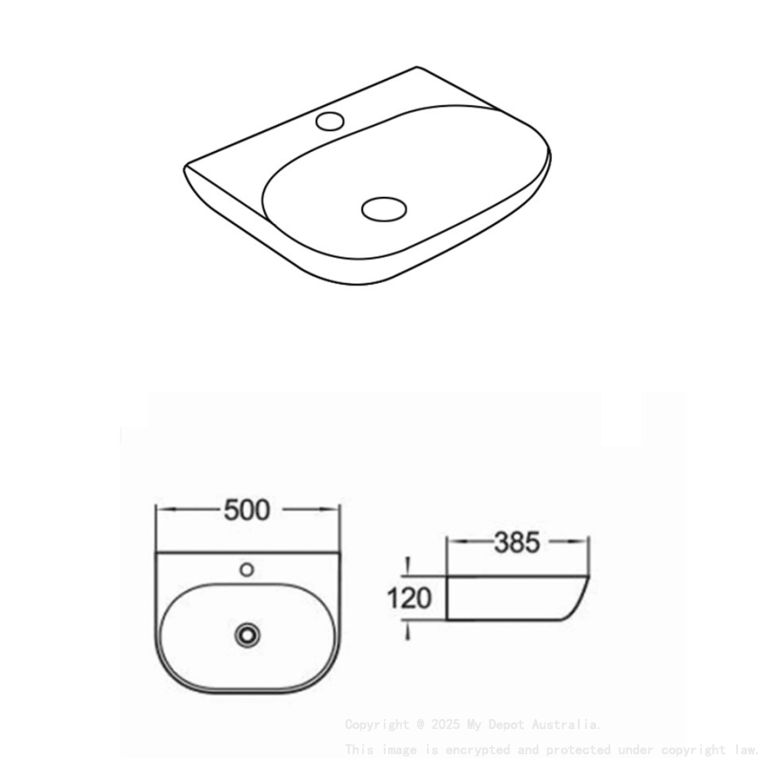 500*385*120mm Gloss White Ellips Fine Ceramic Wall Hung Basin Tap Hole No Overflow 32mm Waste
