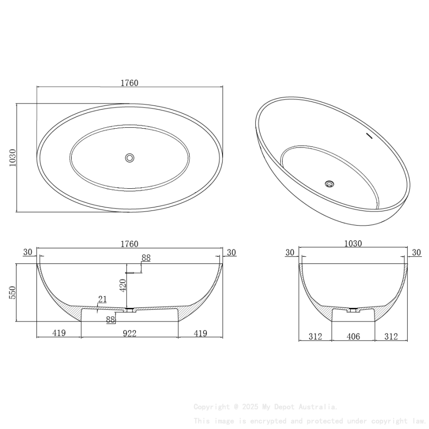 1760X1030X550mm Matt White Kirra Solid Surface Stone Bath