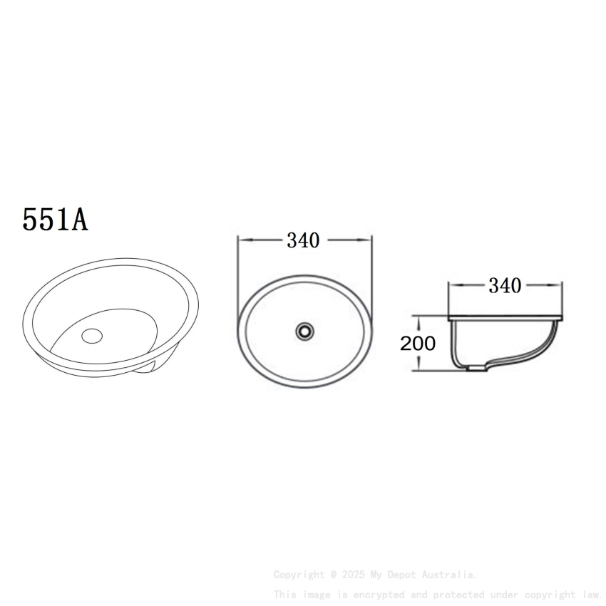 340*340*200mm Gloss White Elipps Fine Ceramic Under Counter Basin With Overflow 32mm Waste
