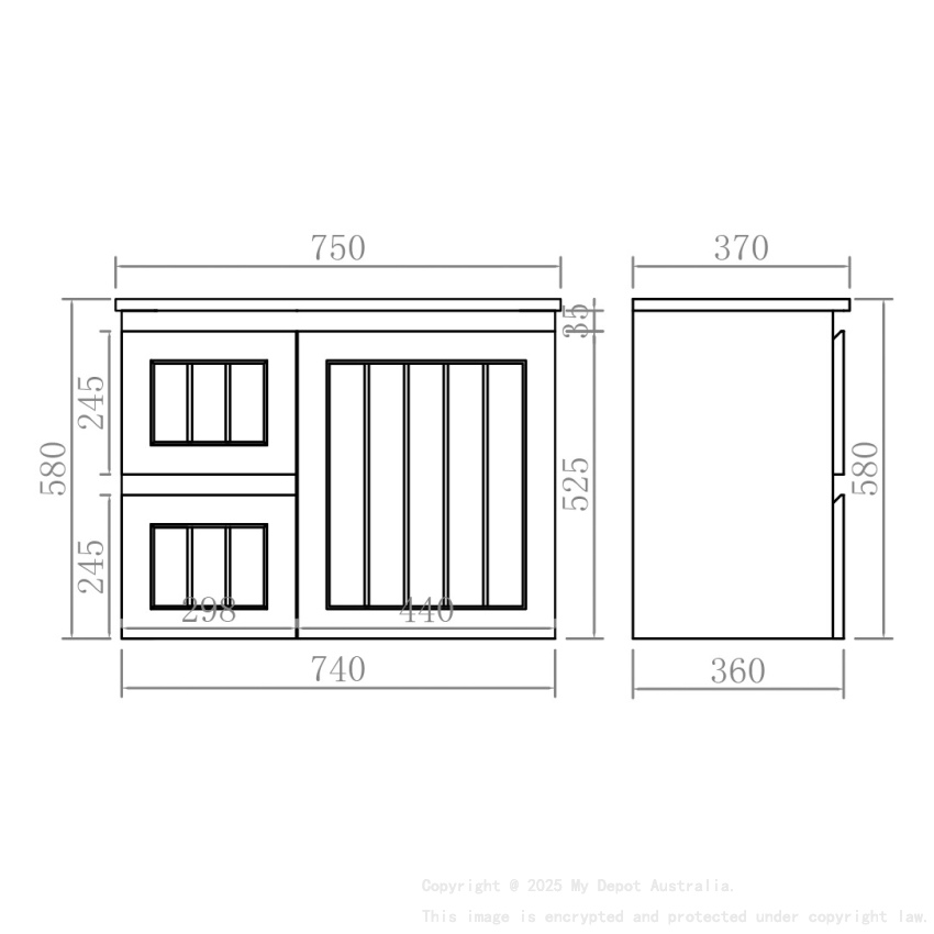 740*360*560mm Matte White Archill Federation Wall Hung Ensuite PVC Cabinet Left Hand Drawer