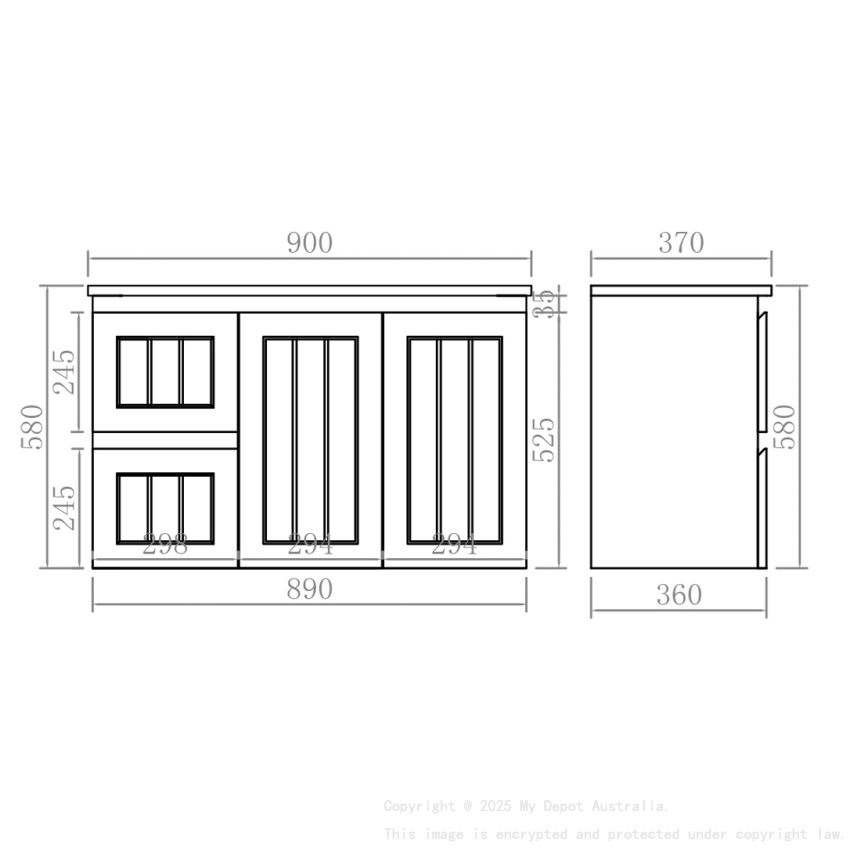 890*360*560mm Matte White Archill Federation Wall Hung Ensuite PVC Cabinet Left Hand Drawer