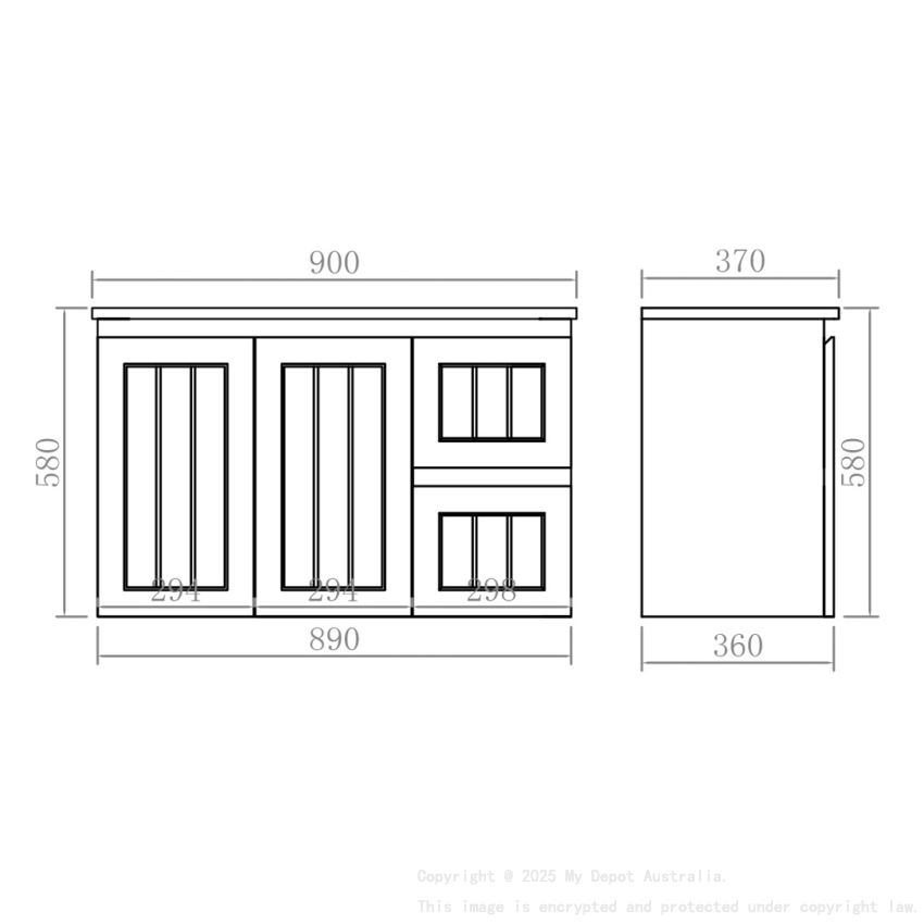 890*360*560mm Matte White Archill Federation Wall Hung Ensuite PVC Cabinet Right Hand Drawer