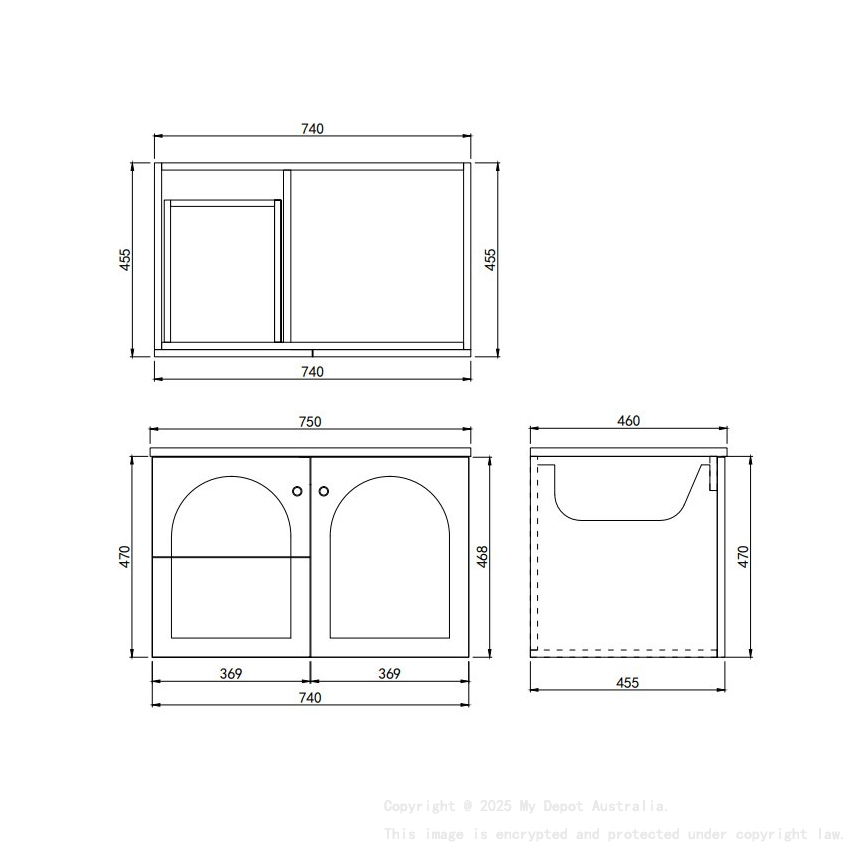 740*455*470mm Olive Green Chester Federation Wall Hung PVC Cabinet,Left Hand Drawers