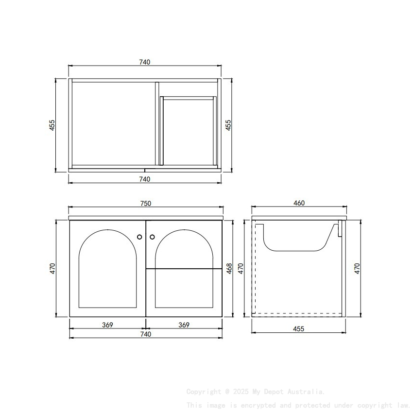 740*455*470mm Matte Grey Chester Federation Wall Hung PVC Cabinet,Right Hand Drawers