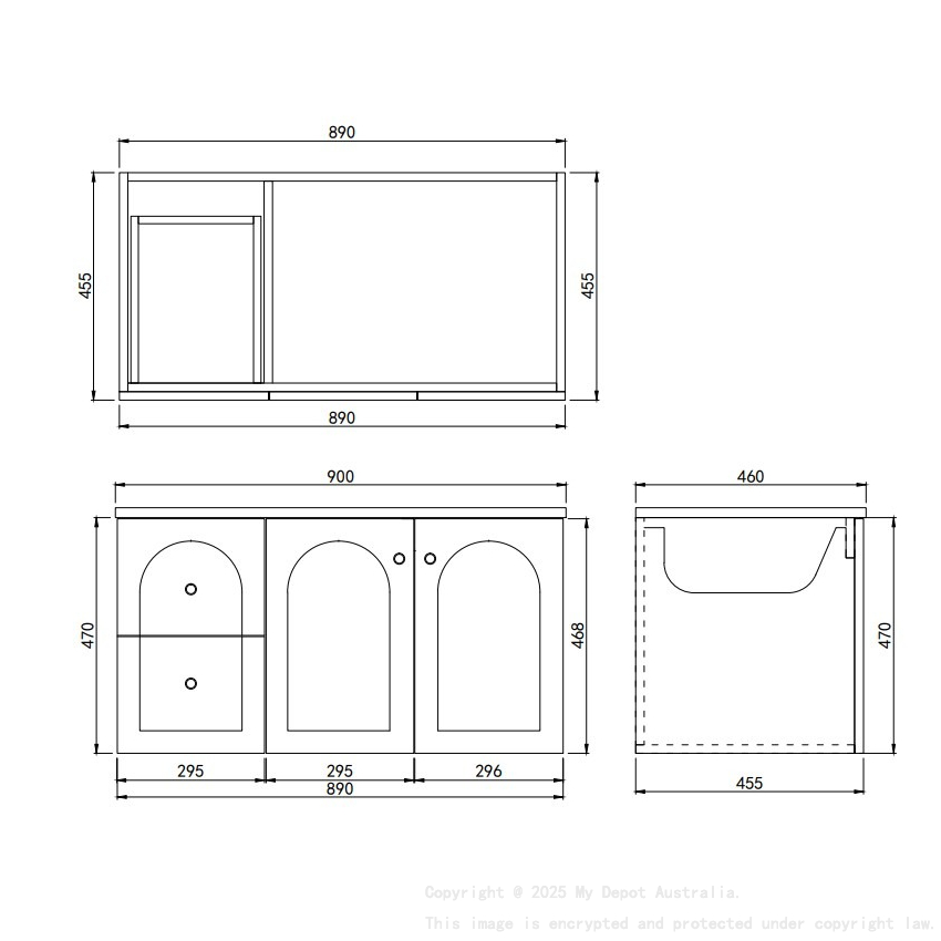 890*455*470mm Matte Black Chester Federation Wall Hung PVC Cabinet,Left Hand Drawers