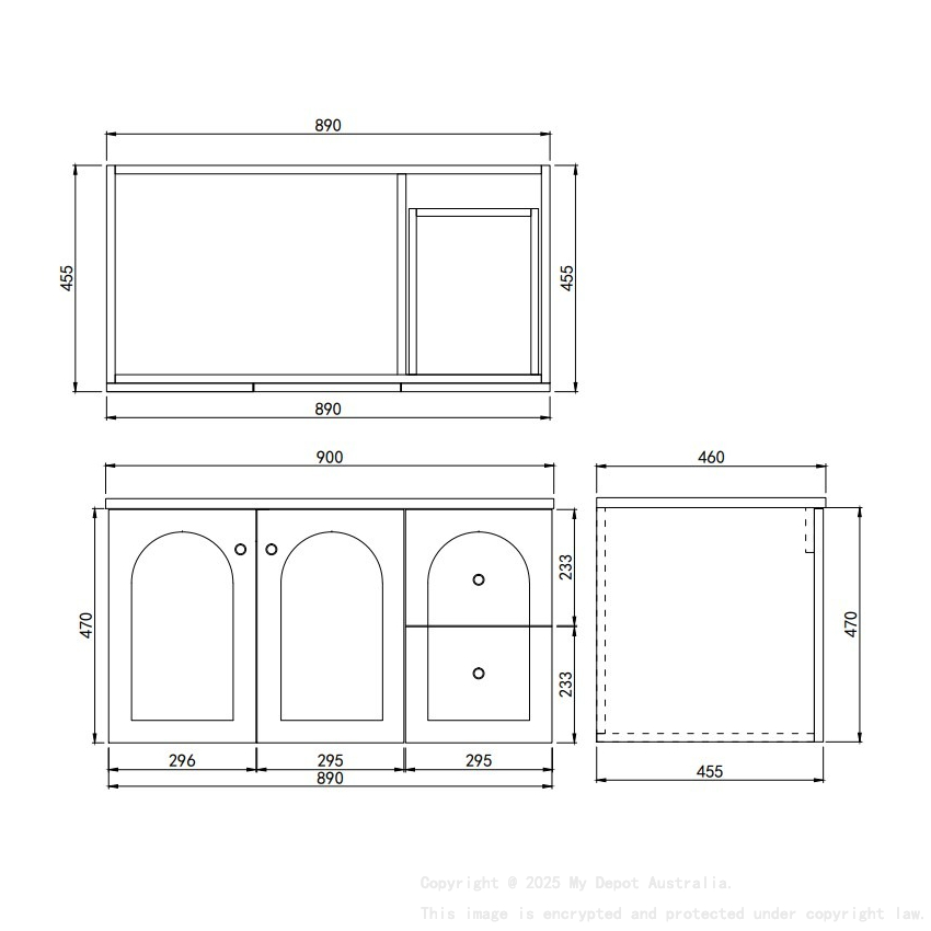 890*455*470mm Olive Green Chester Federation Wall Hung PVC Cabinet,Right Hand Drawers