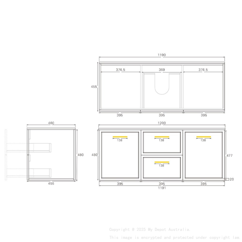 1190*455*470mm Kingsley Federation Matte Black Wall Hung PVC Cabinet With Handle