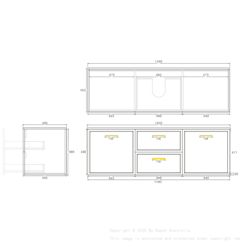 1490*455*470mm Kingsley Federation Matte Black Wall Hung PVC Cabinet With Handle