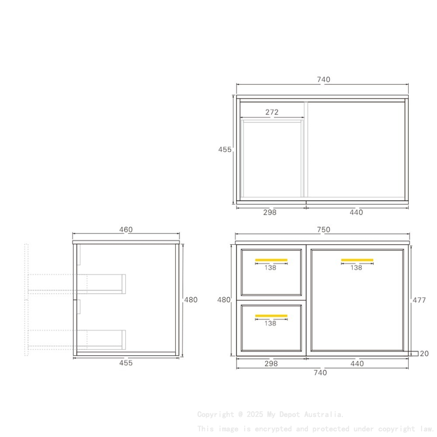 740*455*480mm Kingsley Federation Matte White Wall Hung PVC Cabinet Left Hand Drawers