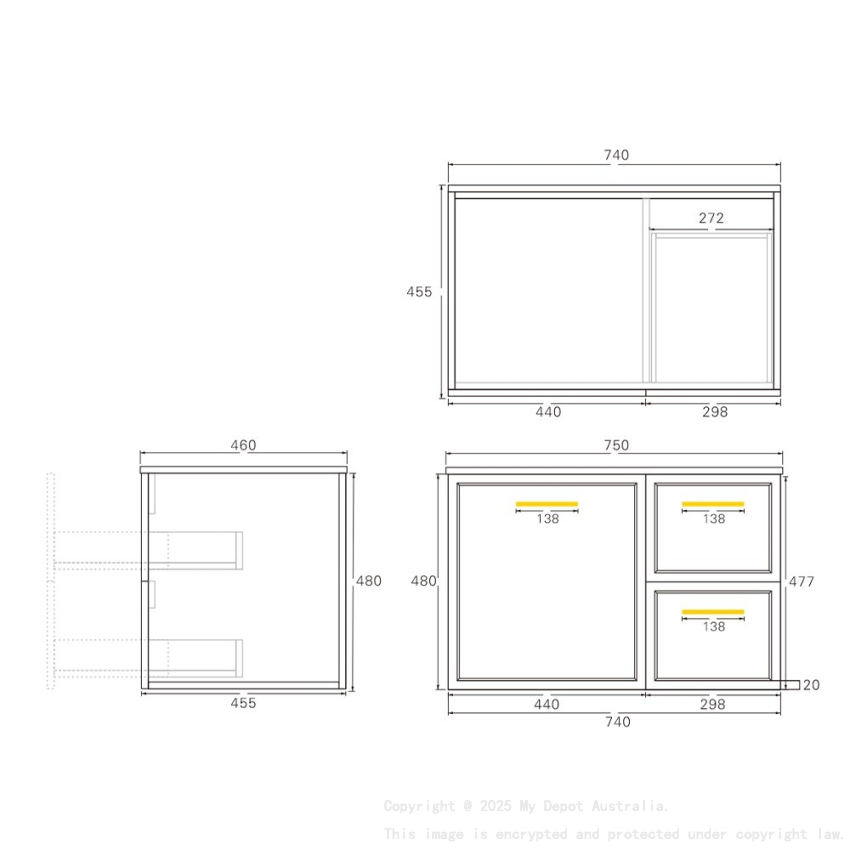740*455*480mm Kingsley Federation Matte Black Wall Hung PVC Cabinet Right Hand Drawers